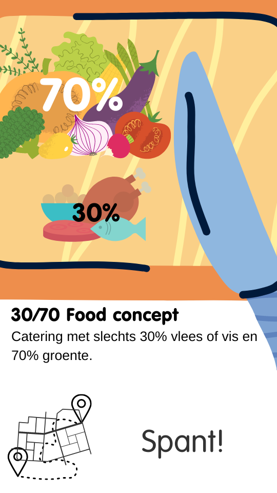 Catering met slechts 30% vlees of vis en 70% groente.